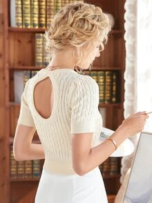 Knit Mix Top con abertura trasera de manga farol tejido de cable - Beis - Ver 4