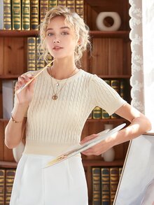 Knit Mix Top con abertura trasera de manga farol tejido de cable - Beis - Ver 5