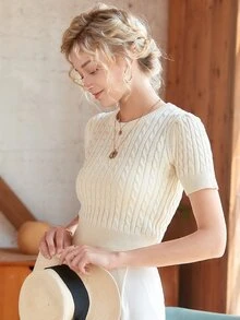 Knit Mix Top con abertura trasera de manga farol tejido de cable - Beis - Ver 6