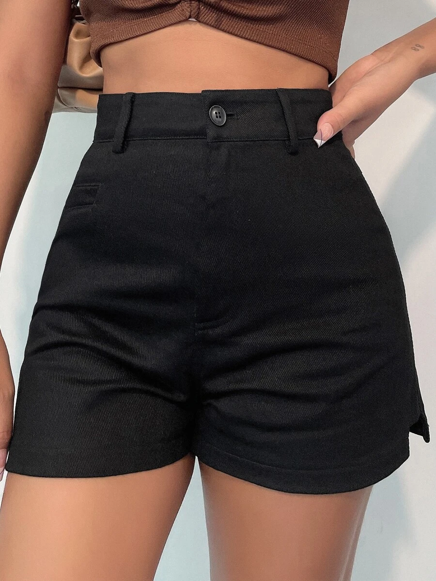 DAZY 高腰下擺開叉短褲 - 黑色 - 查看 1