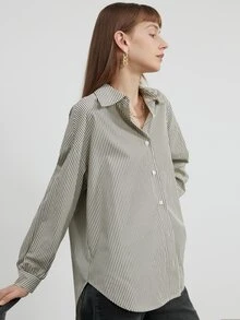 Striped Print Drop Shoulder Shirt - Light Grey - View 5