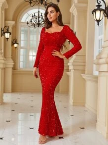 LOVE&LEMONADE Sweetheart Neck Sequin Formal Dress - Red - View 1