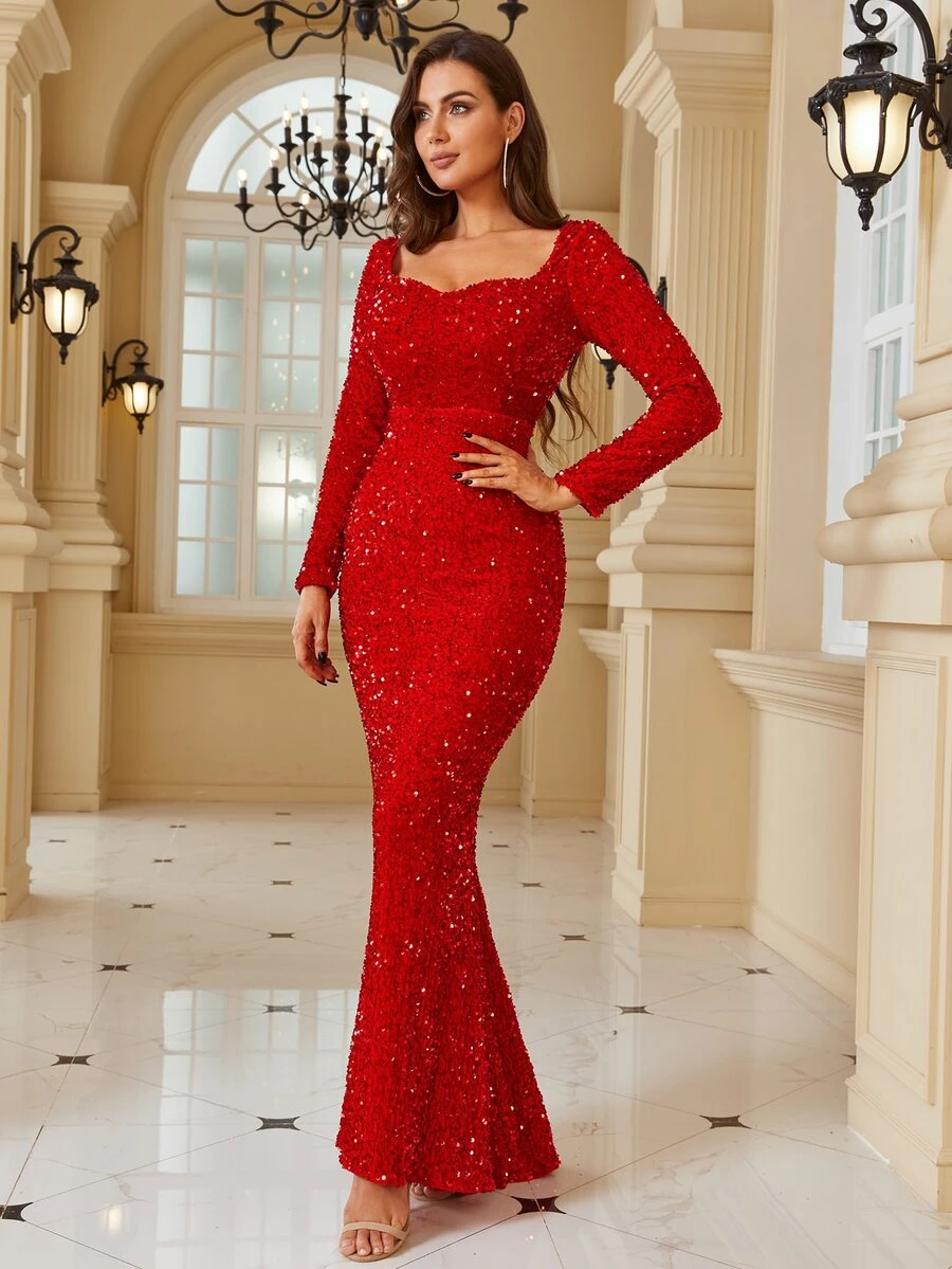 LOVE&LEMONADE Sweetheart Neck Sequin Formal Dress - Red - View 1