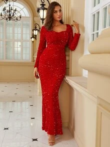 LOVE&LEMONADE Sweetheart Neck Sequin Formal Dress - Red - View 4