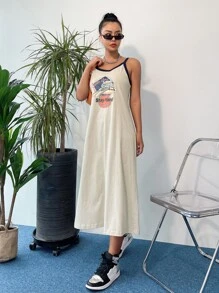 DAZY 字母圖案撞色滾邊洋裝 - 卡其色 - 查看 2