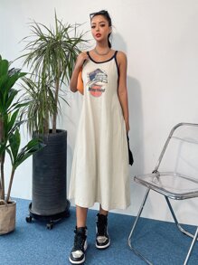 DAZY 字母圖案撞色滾邊洋裝 - 卡其色 - 查看 4