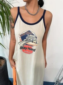 DAZY 字母圖案撞色滾邊洋裝 - 卡其色 - 查看 6