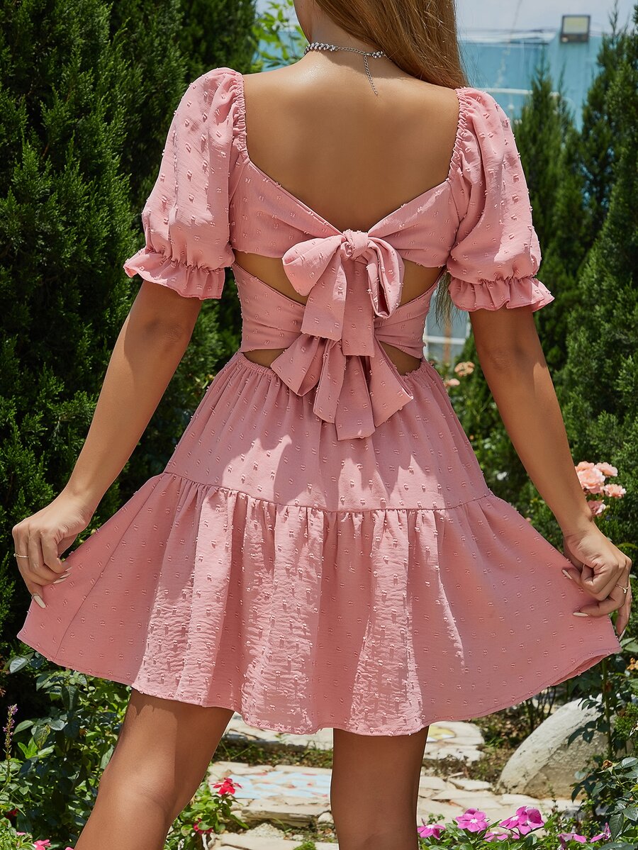 SHEIN VCAY Swiss Dot Tie Backless Puff Sleeve Ruffle Hem Dress - Pink - View 1