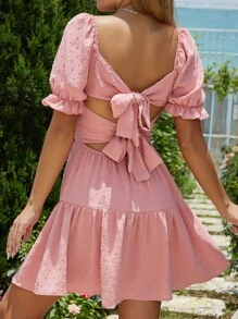 SHEIN VCAY Swiss Dot Tie Backless Puff Sleeve Ruffle Hem Dress - Pink - View 2