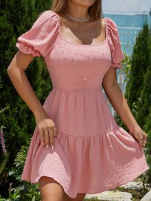 SHEIN VCAY Swiss Dot Tie Backless Puff Sleeve Ruffle Hem Dress - Pink - View 3