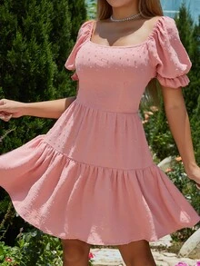 SHEIN VCAY Swiss Dot Tie Backless Puff Sleeve Ruffle Hem Dress - Pink - View 6