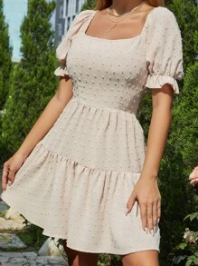 SHEIN VCAY Swiss Dot Tie Backless Puff Sleeve Ruffle Hem Dress - Apricot - View 3