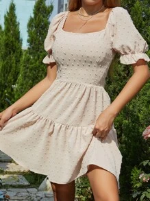 SHEIN VCAY Swiss Dot Tie Backless Puff Sleeve Ruffle Hem Dress - Apricot - View 6