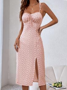 SHEIN Holidaya 小碎花肩上打結高衩吊帶連衣裙 - 淺粉色 - 查看 3