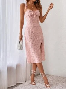 SHEIN Holidaya 小碎花肩上打結高衩吊帶連衣裙 - 淺粉色 - 查看 5