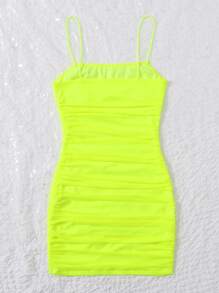 SHEIN EZwear 素色褶邊網紗緊身洋裝 - 青檸色 - 查看 2