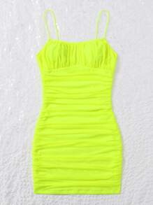 SHEIN EZwear 素色褶邊網紗緊身洋裝 - 青檸色 - 查看 3