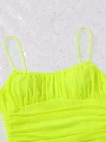 SHEIN EZwear 素色褶邊網紗緊身洋裝 - 青檸色 - 查看 4