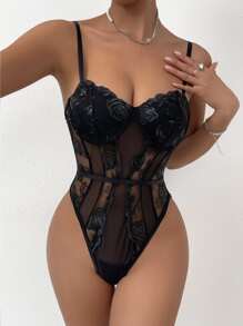SHEIN Unity 1入組花卉刺繡網紗吊帶連體衣 - 黑色 - 查看 2
