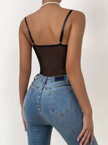 SHEIN Unity 1入組花卉刺繡網紗吊帶連體衣 - 黑色 - 查看 3