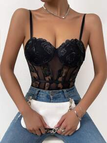 SHEIN Unity 1入組花卉刺繡網紗吊帶連體衣 - 黑色 - 查看 4