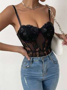 SHEIN Unity 1入組花卉刺繡網紗吊帶連體衣 - 黑色 - 查看 5