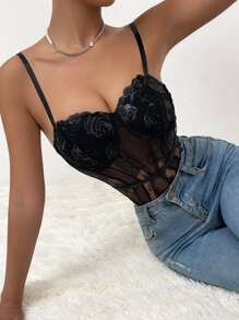 SHEIN Unity 1入組花卉刺繡網紗吊帶連體衣 - 黑色 - 查看 6