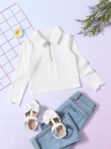 SHEIN Leap Crew 年輕女孩休閒針織柔軟半扣領長袖上衣 - 白色 - 查看 1