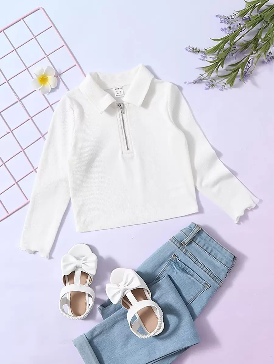 SHEIN Leap Crew 年輕女孩休閒針織柔軟半扣領長袖上衣 - 白色 - 查看 1