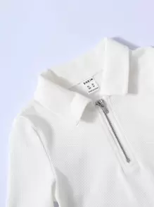 SHEIN Leap Crew 年輕女孩休閒針織柔軟半扣領長袖上衣 - 白色 - 查看 4