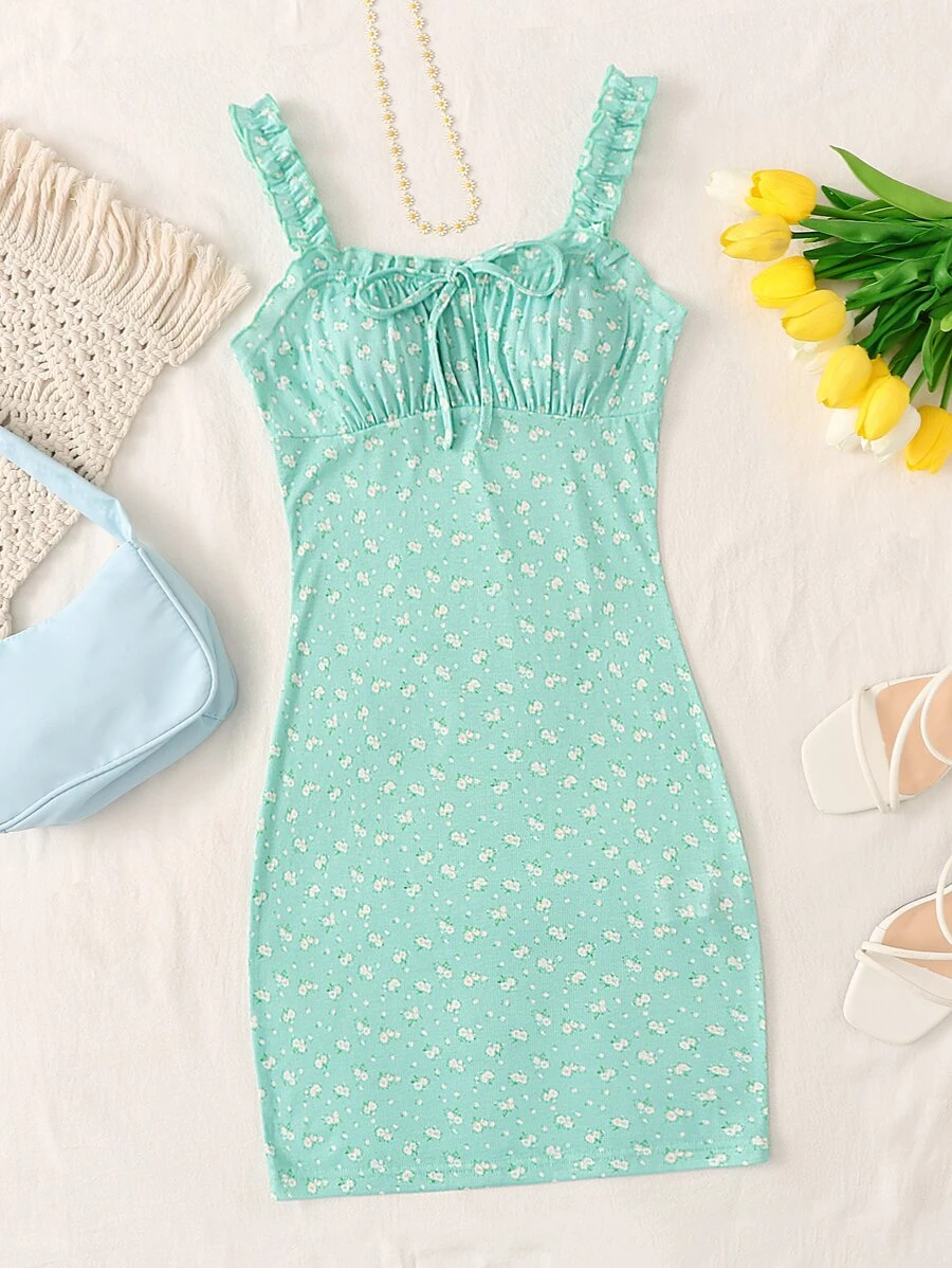 SHEIN Qutie 小碎花圖案前繫帶抽褶胸連衣裙 - 薄荷綠 - 查看 1