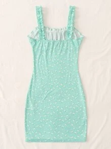 SHEIN Qutie 小碎花圖案前繫帶抽褶胸連衣裙 - 薄荷綠 - 查看 2