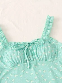 SHEIN Qutie 小碎花圖案前繫帶抽褶胸連衣裙 - 薄荷綠 - 查看 4
