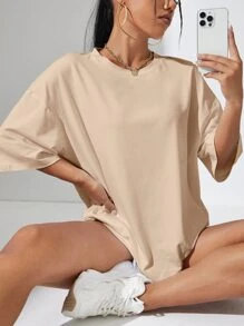 INAWLY 纯色落肩超大 T 恤，男女通用 - 杏色 - 查看 1