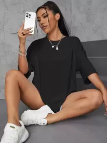 INAWLY Solid Drop Shoulder Oversized Tee - Black - View 4