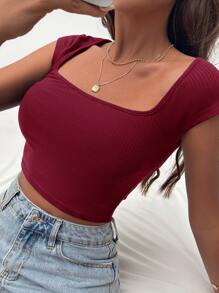 SHEIN Privé Square Neck Rib-knit Form Fitted Tee