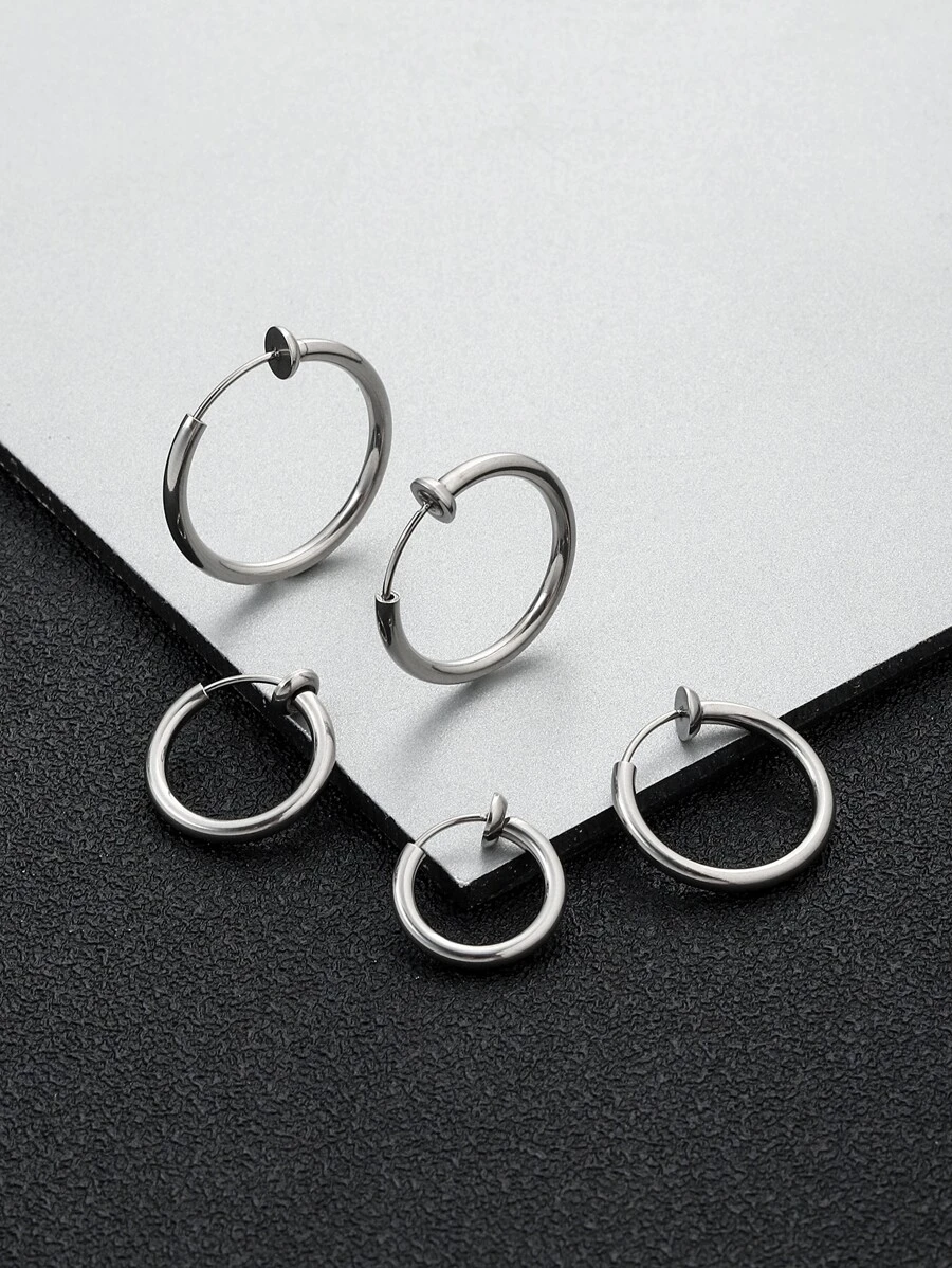 À La Mode Et Populaire 5 pièces Homme Minimaliste Créole En Acier Inoxydable punk Hip Hop Style Pour Bijou Cadeau Et Pour A Élégant Look - Argent - Voir 1