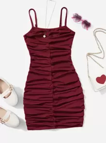 SHEIN Girlism Vestido de camisola de Body ceñido casual con pliegues sencillos para niña adolescente - Burdeos - Ver 1