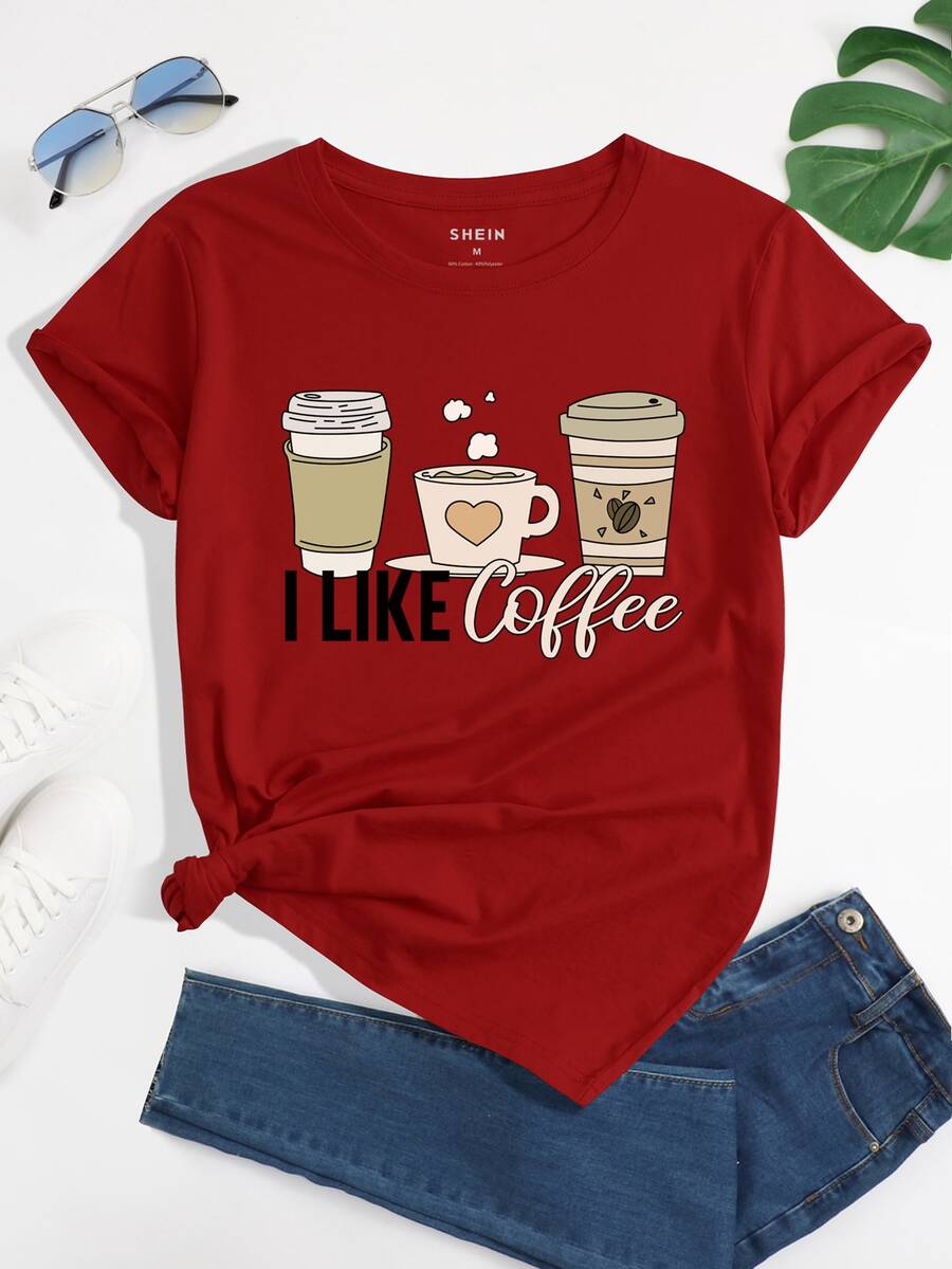 SHEIN LUNE Camiseta café con estampado de slogan - Burdeos - Ver 1