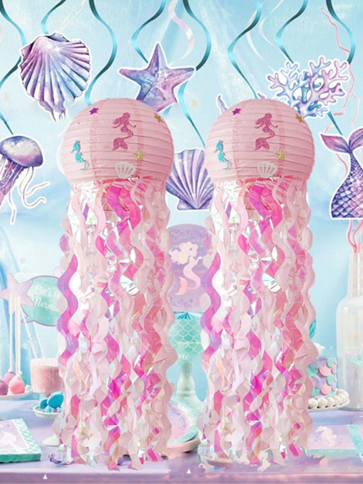 1個 新しい マーメイド クラゲ ペーパーランタン , 紙 漫画 灯籠 用 マーメイド テーマ 誕生日パーティー デコレーション DIY 結婚式 用品 - ピンク - 見る 1