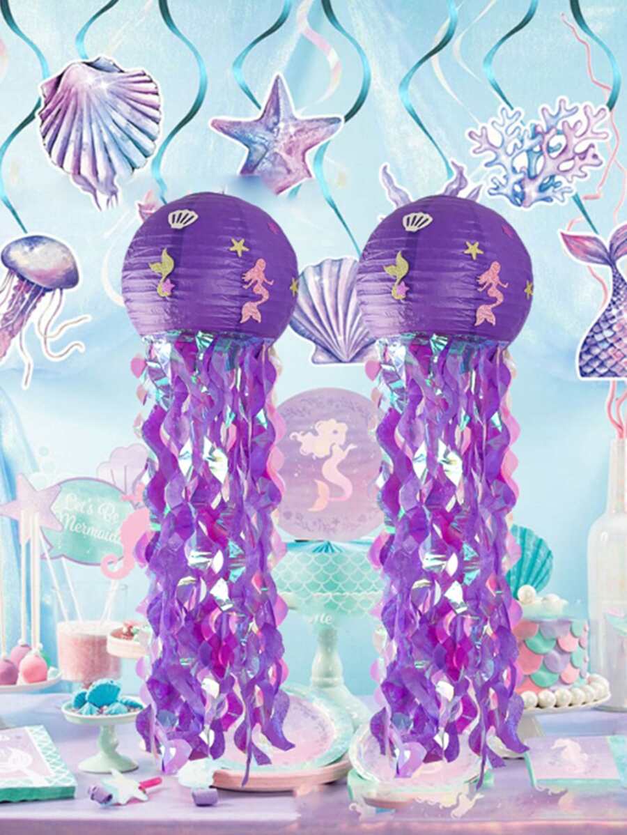 Mới Nàng Tiên Cá Sứa Đèn Lồng Giấy, Dùng Một Lần Bộ Đồ Ăn Cho Nàng Tiên Cá Theo Chủ Đề Trang Trí Tiệc Sinh Nhật DIY Cưới Cung Cấp - Màu tím - Xem 1