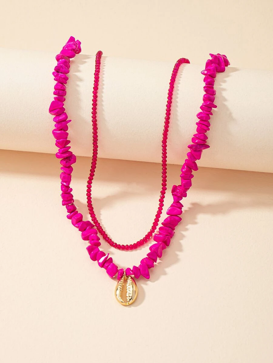 2 cái Đá Cườm Vỏ Mặt Dây Chuyền Vòng Cổ - Màu Hồng Tươi - Xem 1