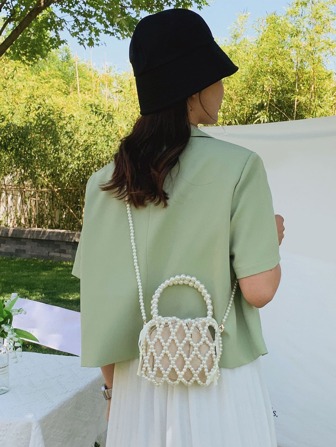 Waterproof Mini Faux Pearl Chain Bucket Bag With Inner Pouch