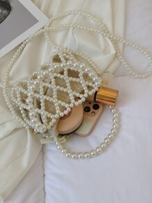 Waterproof Mini Faux Pearl Chain Bucket Bag With Inner Pouch - White - View 4