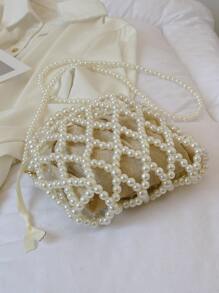 Waterproof Mini Faux Pearl Chain Bucket Bag With Inner Pouch - White - View 6