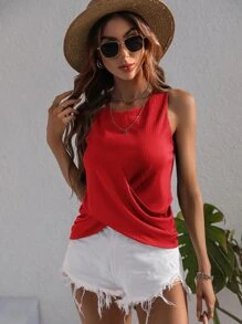 SHEIN LUNE Crisscross Front Ribbed Knit Tank Top - Red - View 5