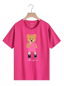 INAWLY Cartoon Bear And Letter Graphic Tee Graphic Tees Women Tops - Hot Pink - View 1