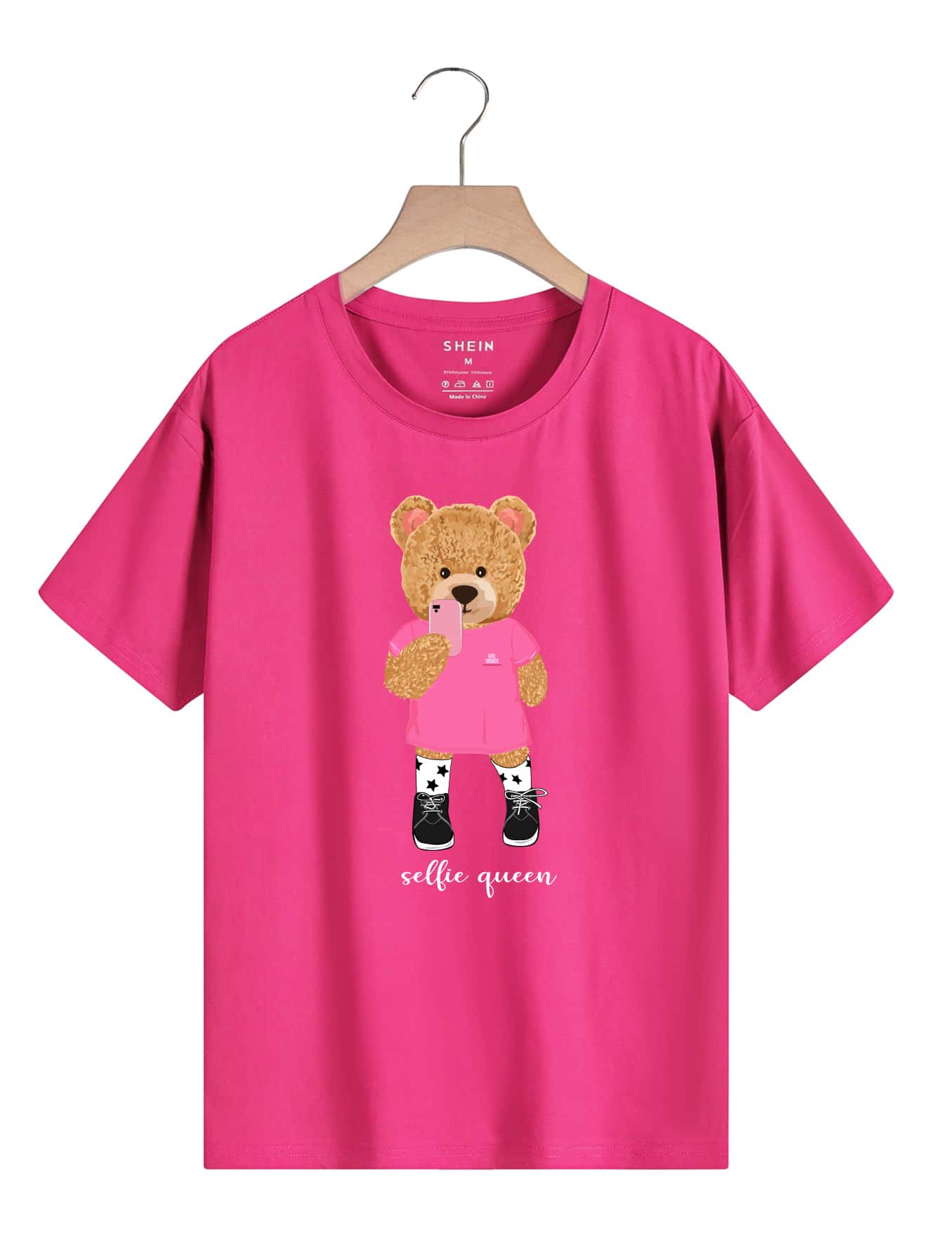 INAWLY Cartoon Bear And Letter Graphic Tee Graphic Tees Women Tops - Hot Pink - View 1