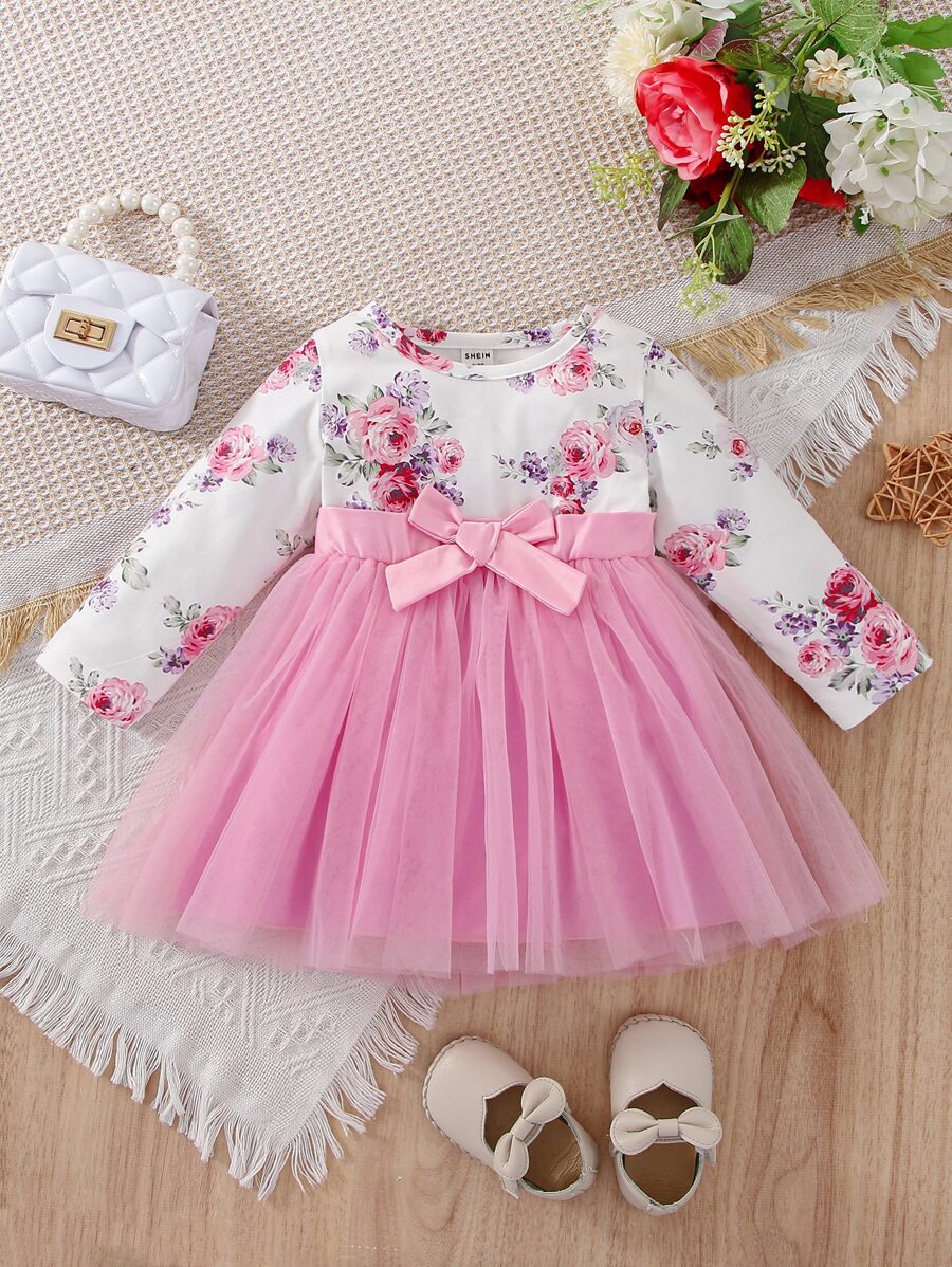 Đầm em bé Tương phản Mesh Nơ trước Hoa Boho - Nhiều màu - Xem 1