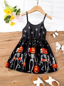 小女童萬聖節南瓜圖案吊帶洋裝